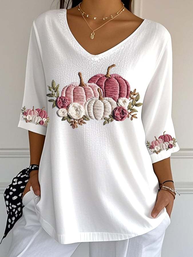 Women's Casual Autumn Pumpkin Bubble Wrinkle Top