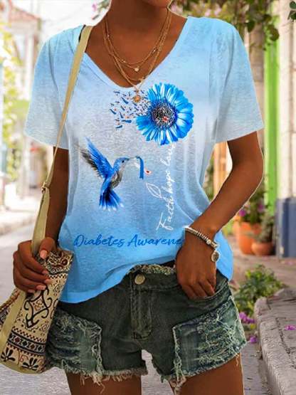 Diabetes Awareness Hummingbird Sunflower Faith Hope Love Print T-Shirt