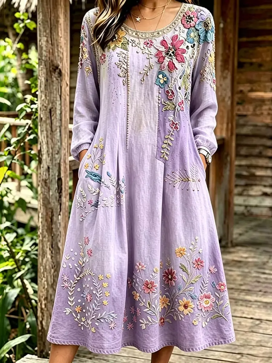 Women's Floral Art Print Cotton Midi Dress