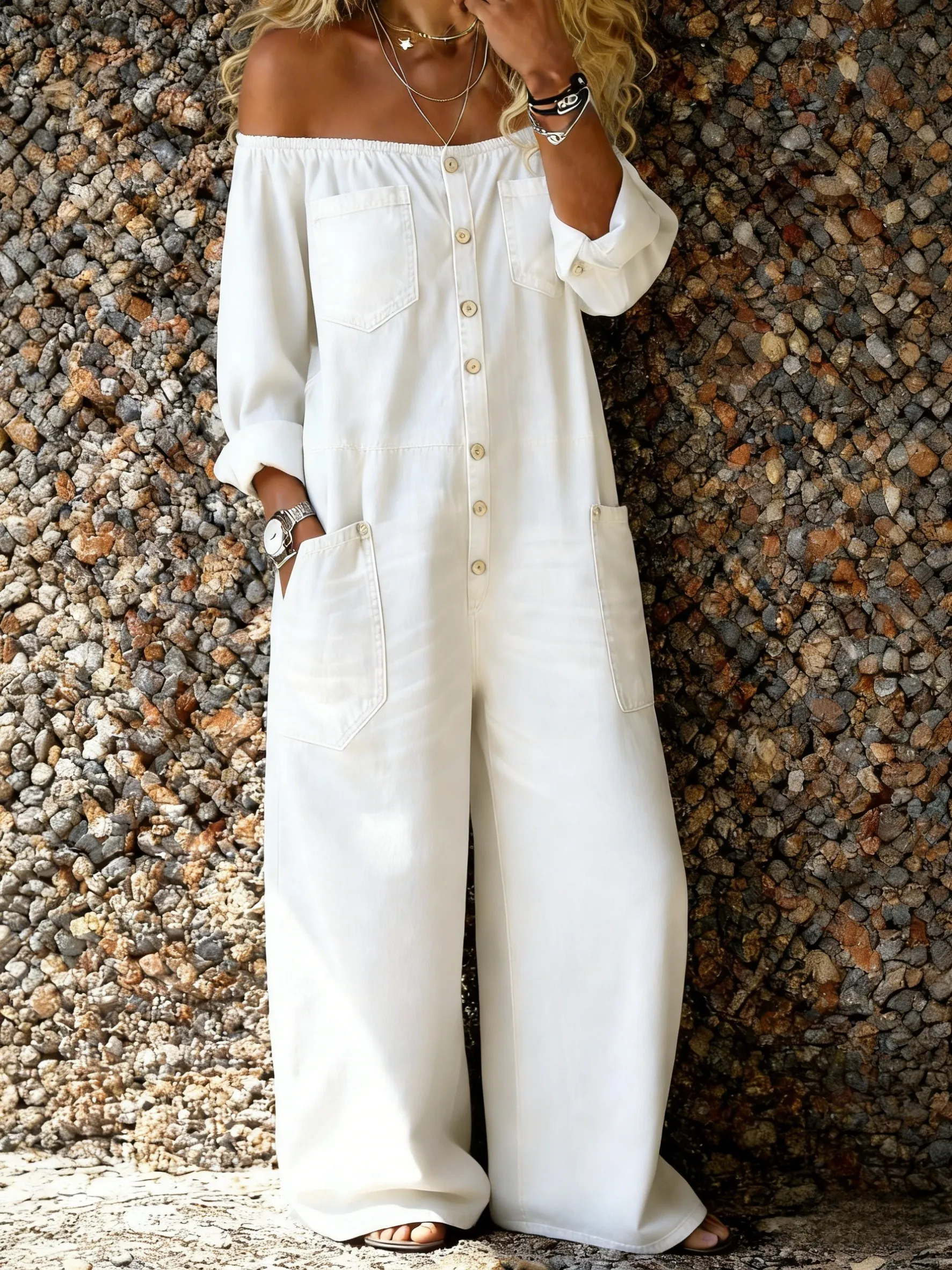 Women's Casual Long-sleeved Washed Cotton Denim Jumpsuit