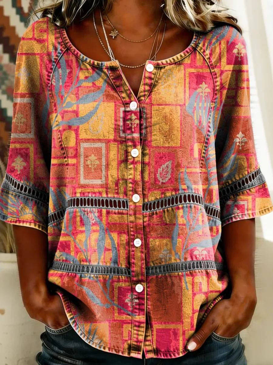 Women's Ethnic Floral Print Round Neck 3/4 Sleeve Lace Cutout Shirt