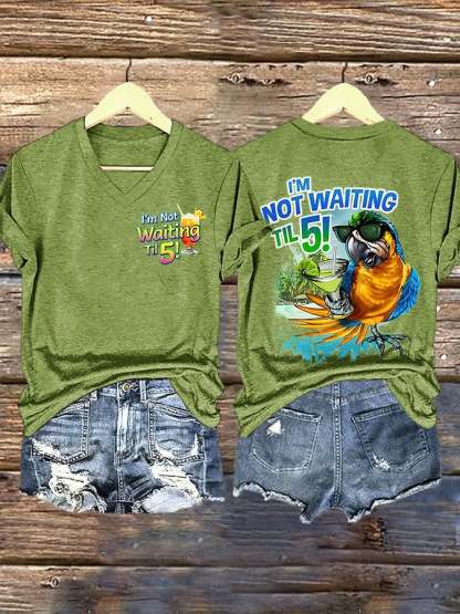 V Neck Retro I'm Not Waiting Til 5 Parrot Margarita Print T-Shirt
