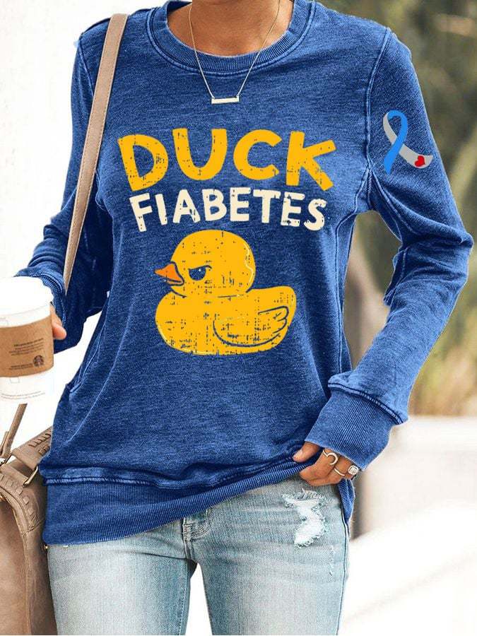 Women's Funny Diabetes Awareness I Duck Fiabetes I Cool Rubber Duck Print Long Sleeve Sweatshirt