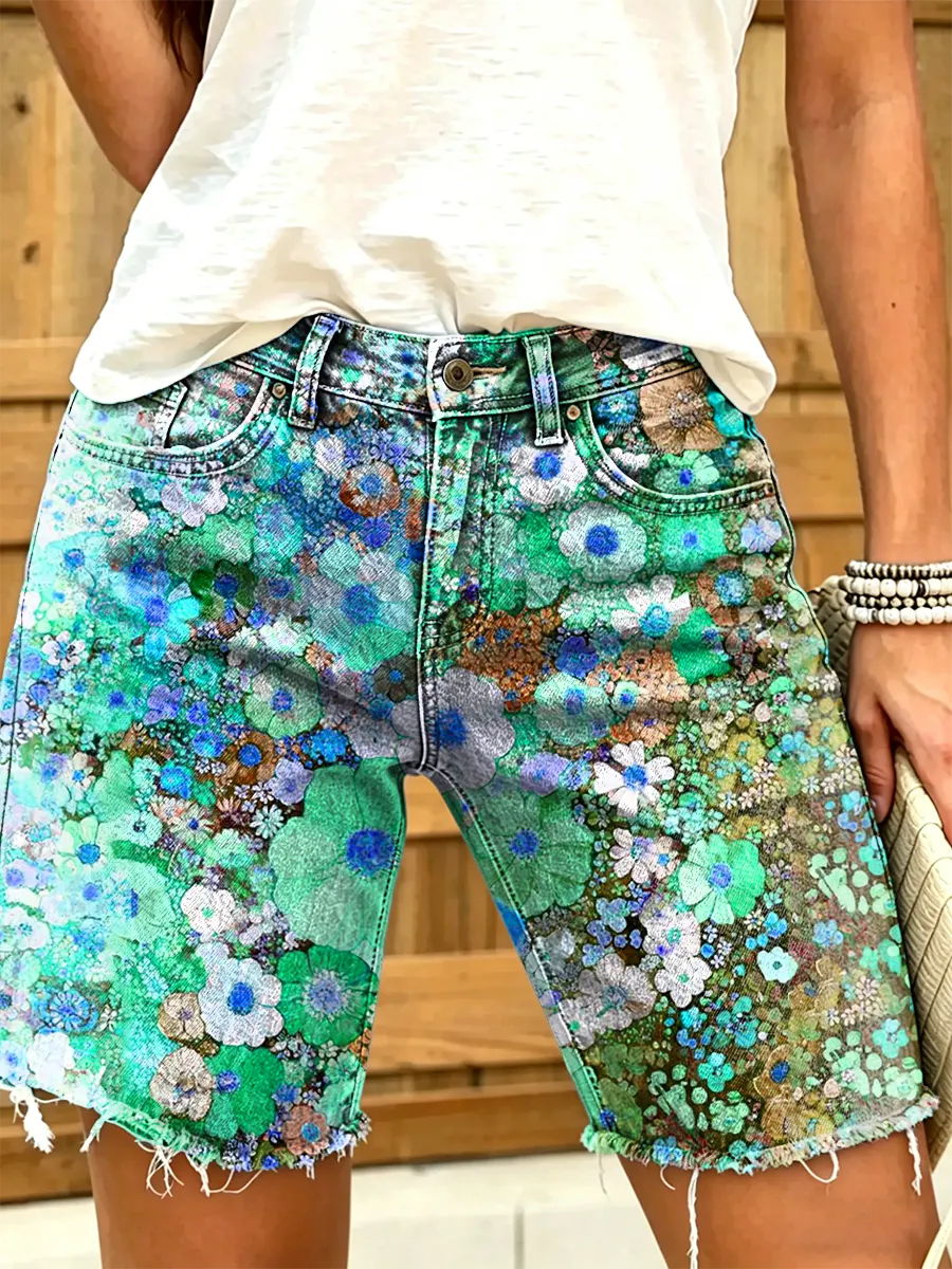 Women's All-Over Watercolor Floral Print Frayed Denim Bermuda Shorts