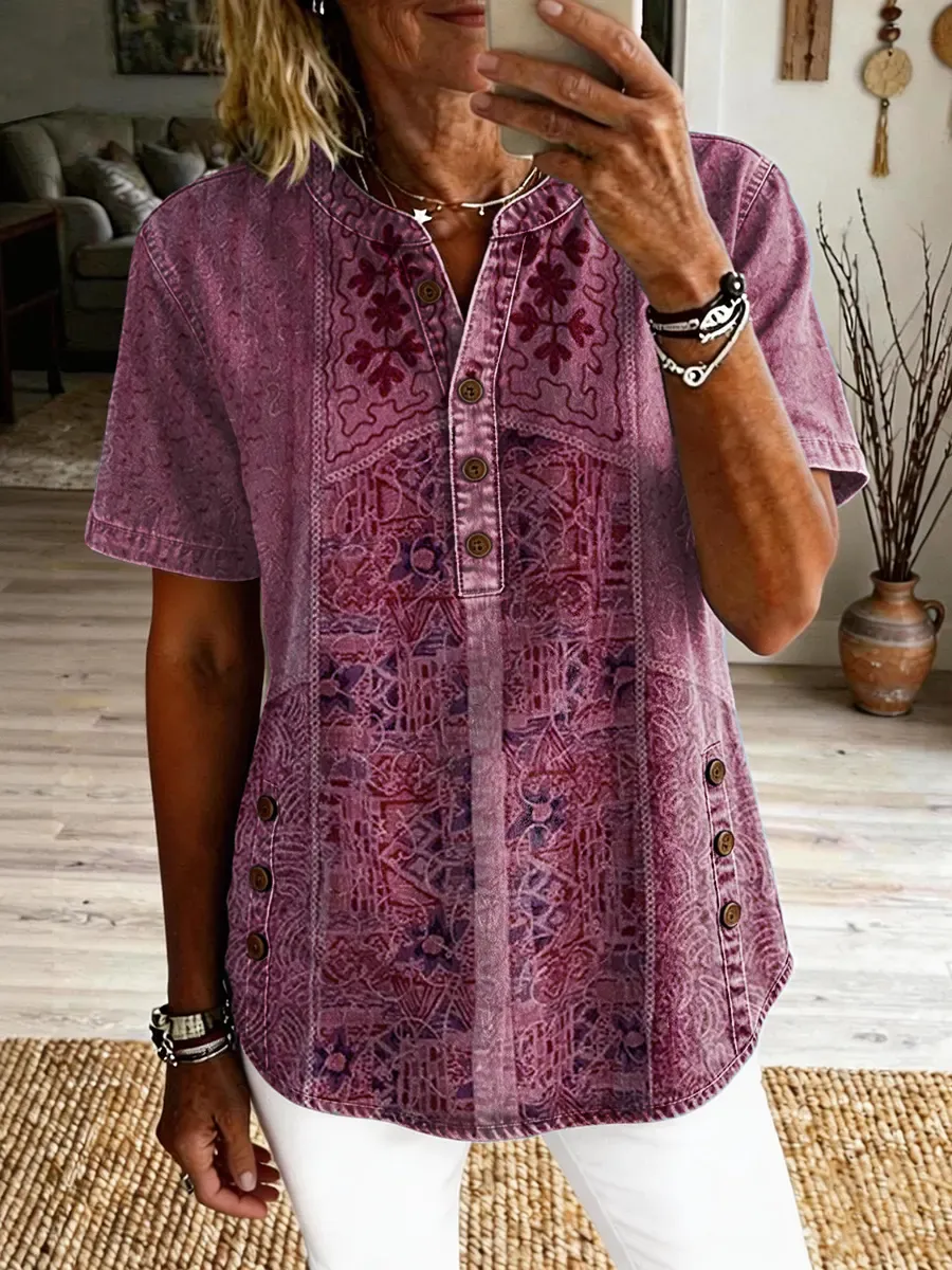 Women's Vintage Ethnic Pattern Art Print Casual Short-sleeve Washed Cotton Denim Shirt