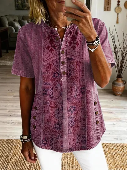Women's Vintage Ethnic Pattern Art Print Casual Short-sleeve Washed Cotton Denim Shirt