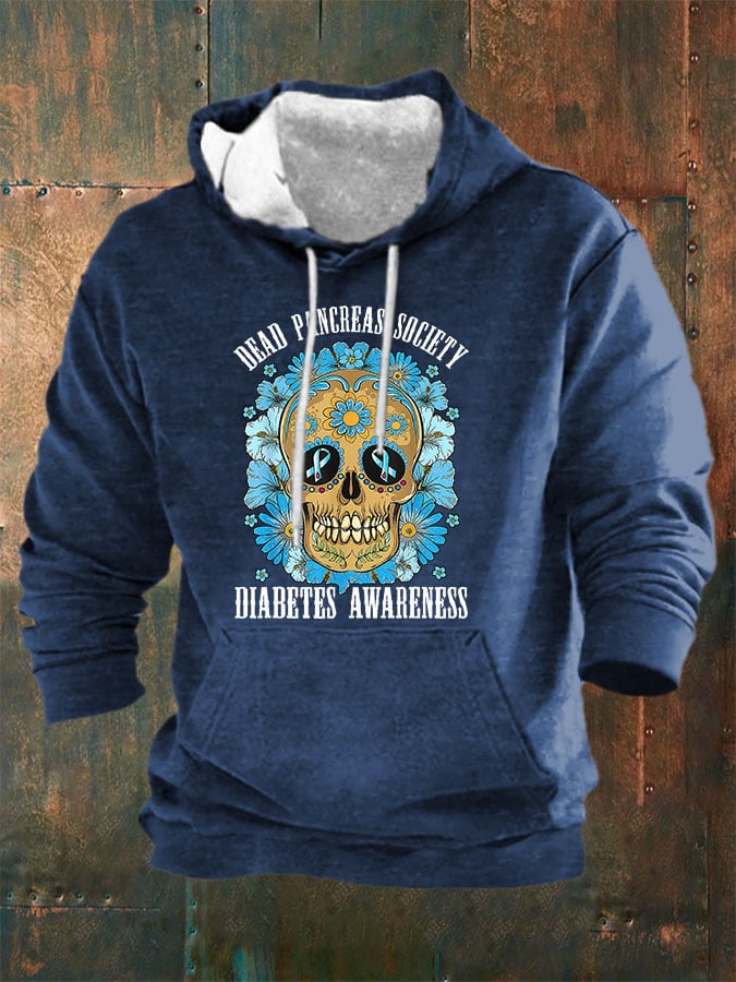Men's Casual Diabetes Awareness Dead Pancreas Society Print Long Sleeve Hooded Sweatshirt