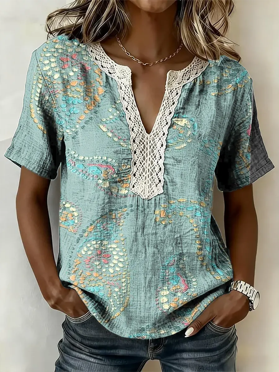 Women's Floral Print Short-sleeved Lace-trimmed V-neck Shirt