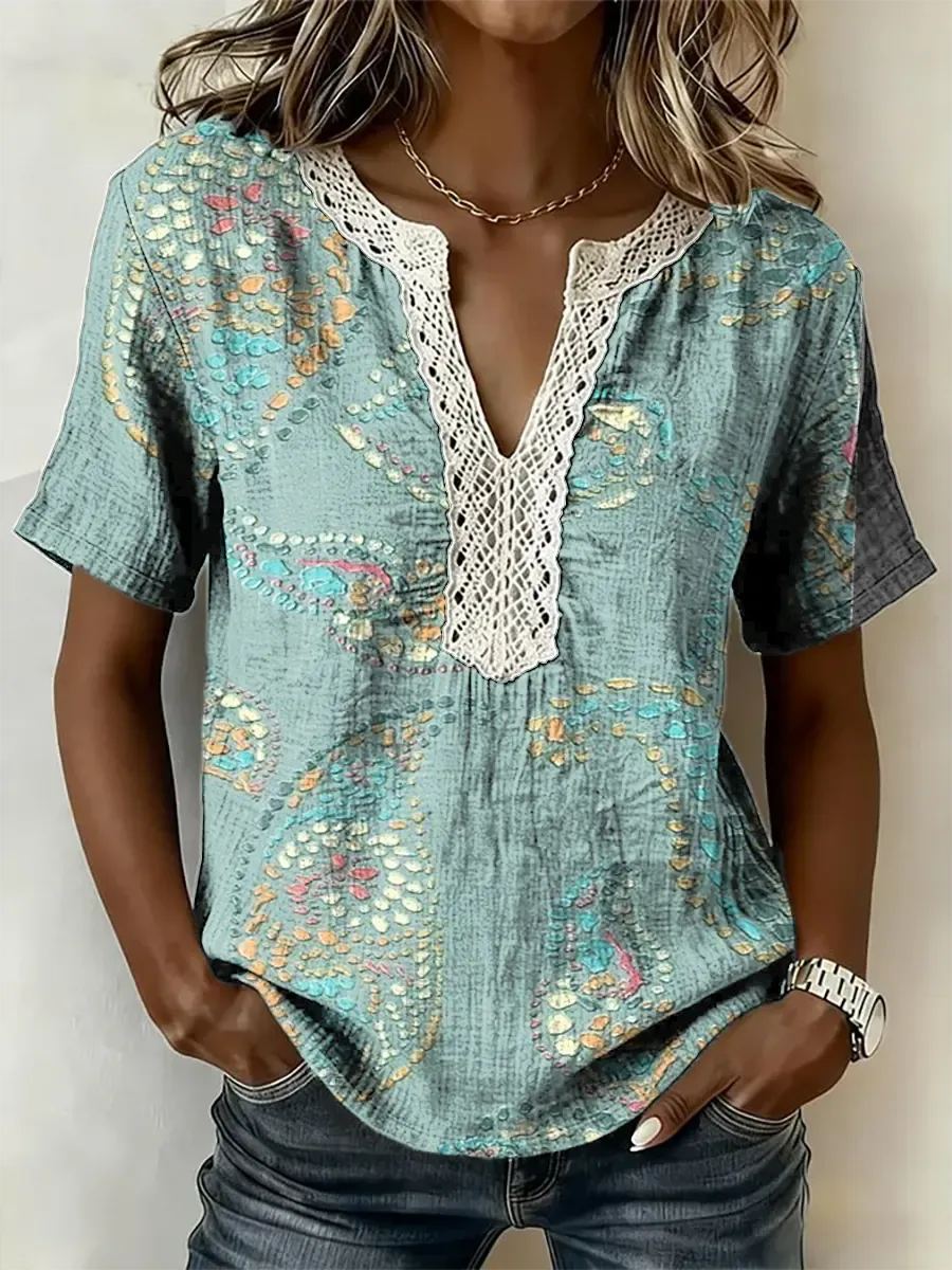 Women's Floral Print Short-sleeved Lace-trimmed V-neck Shirt