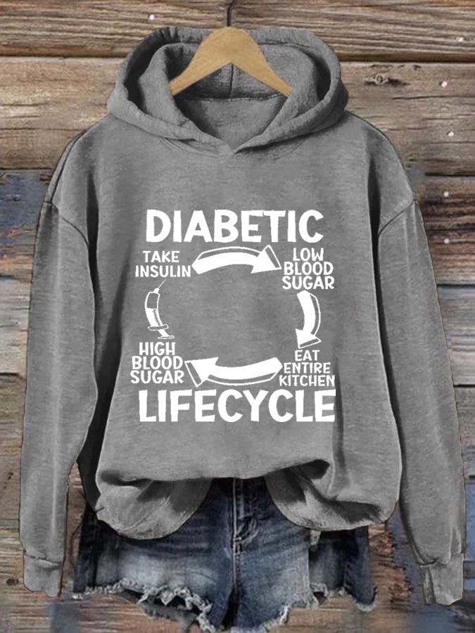 Women's Diabetic Life Cycle Diabetes Support Awareness Print Hoodie Long Sleeve Sweatshirt