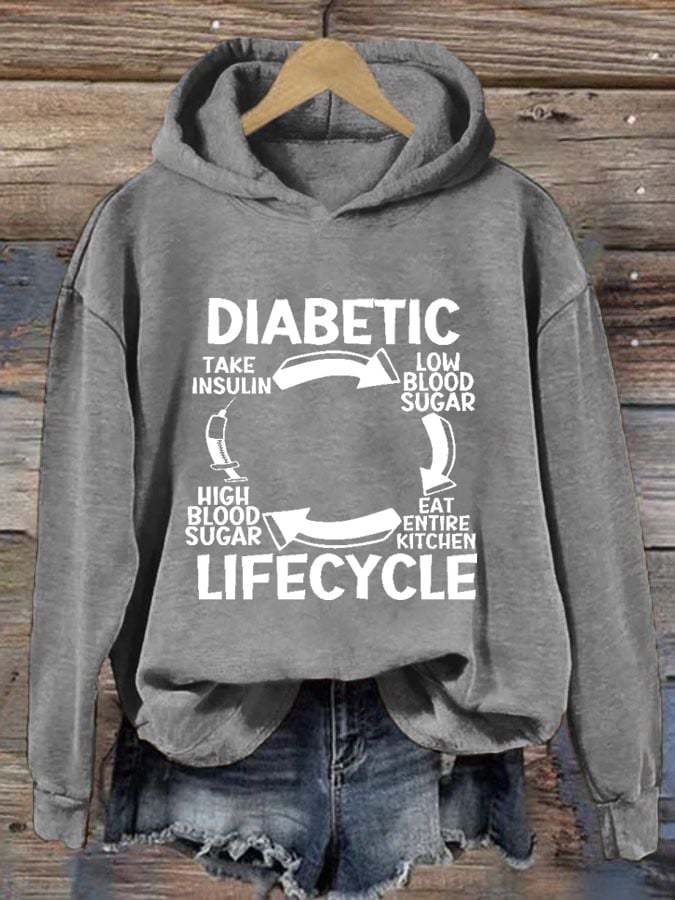 Women's Diabetic Life Cycle Diabetes Support Awareness Print Hoodie Long Sleeve Sweatshirt