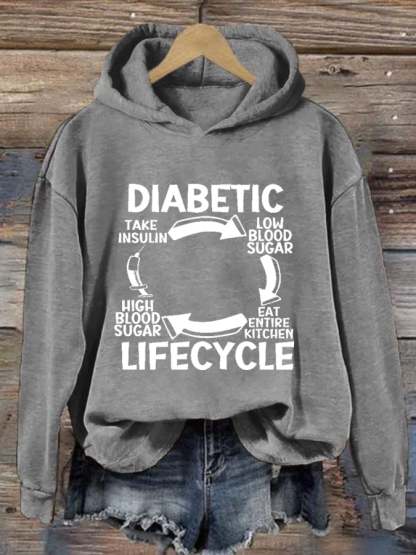 Women's Diabetic Life Cycle Diabetes Support Awareness Print Hoodie Long Sleeve Sweatshirt