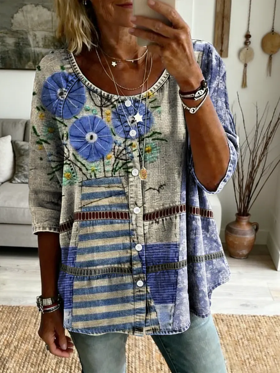 Ethnicity Patchwork Flowers Women's Art Print Casual Long-sleeve V-neck Washed Cotton Denim Top