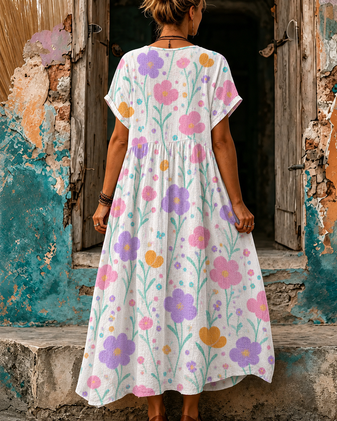 Women's Vacation Linen Boho Floral Print V-Neck Short Sleeve Maxi Dress