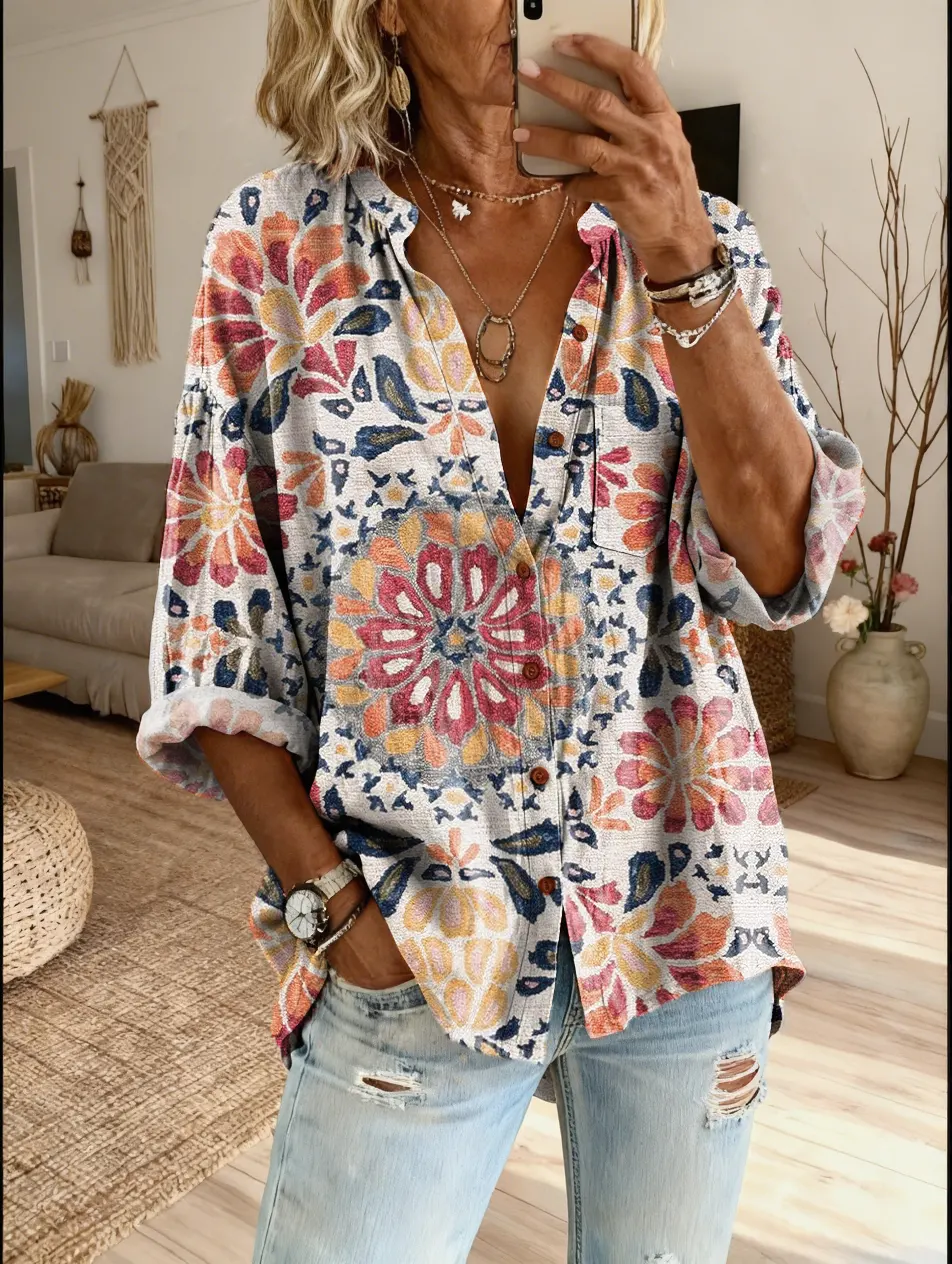 Vintage Ethnicity Geometry Totem Women's Art Print Casual Cotton And Linen Shirt