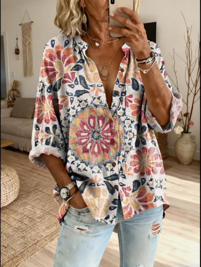 Vintage Ethnicity Geometry Totem Women's Art Print Casual Cotton And Linen Shirt