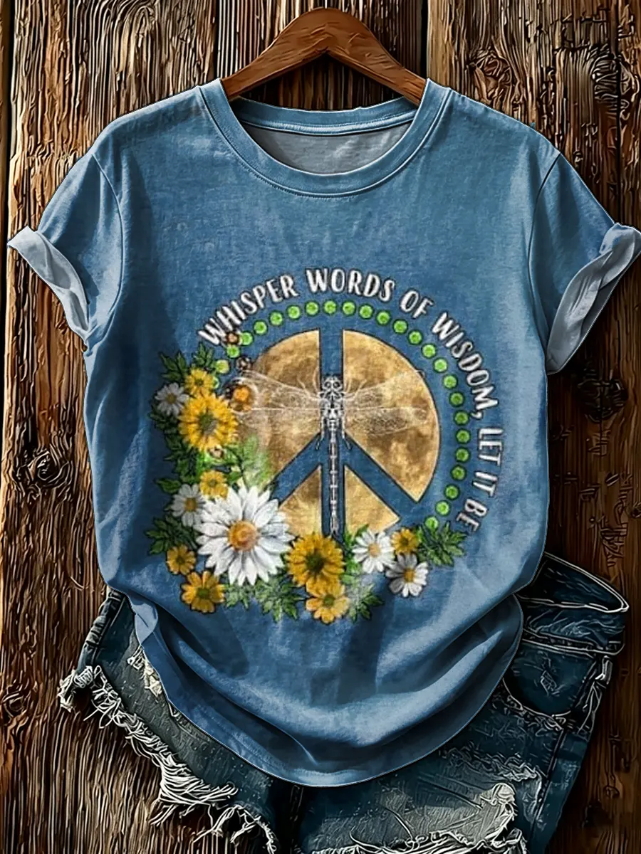 Women's Peace Sign Dragonfly Print Round Neck T-Shirt