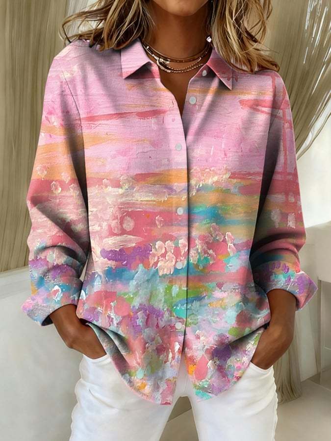 Women's Casual Retro Pink Oil Painting Shirt