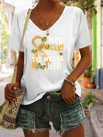 V-Neck Hey Cancer You Picked The Wrong Kid  Print T-Shirt