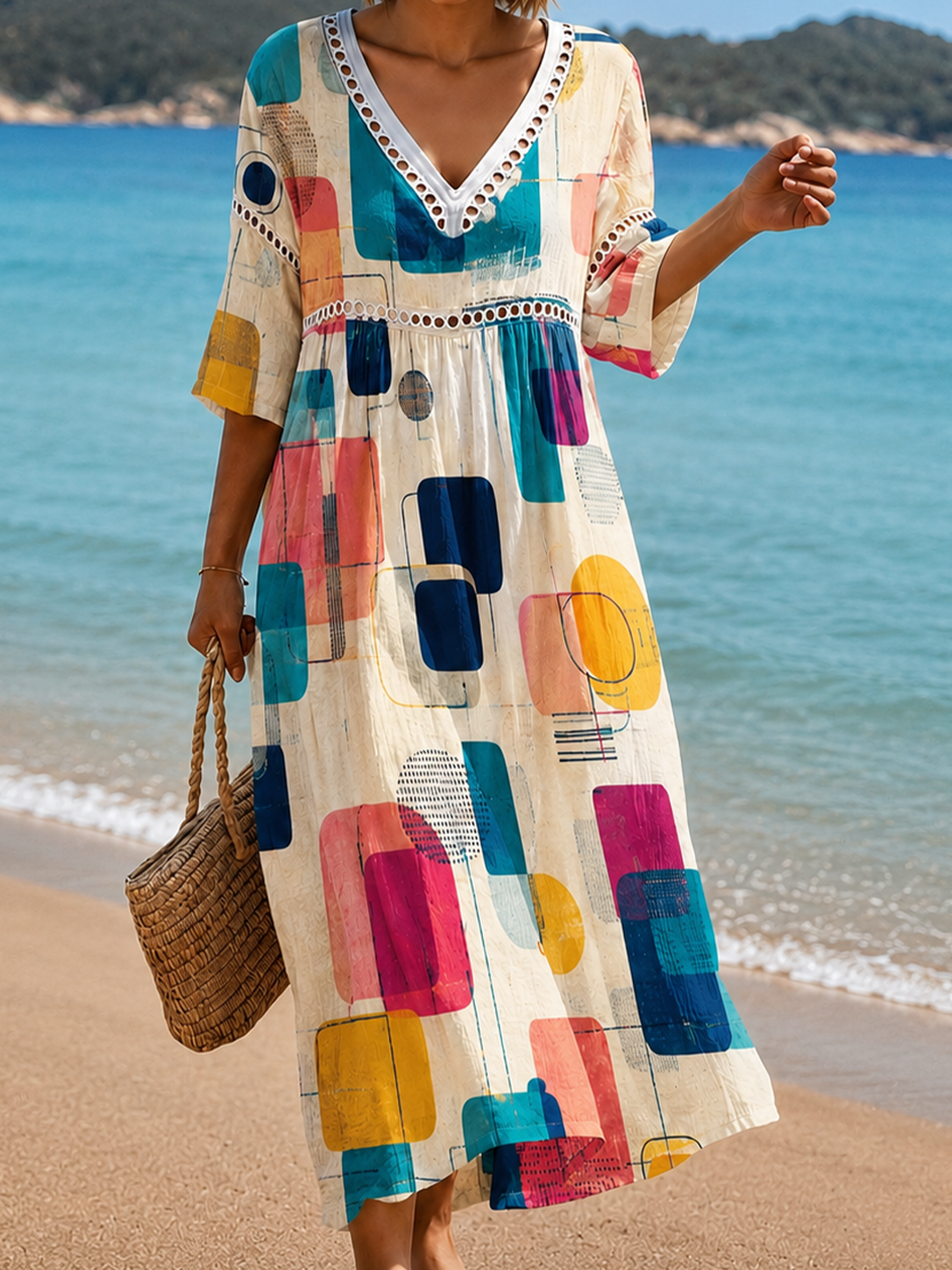 Women's Vacation Linen Boho Floral Print V-Neck Short Sleeve Maxi Dress