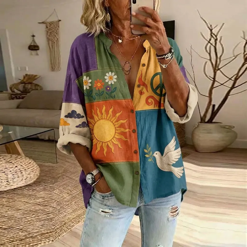 Women's Floral Pattern Art Print Casual Long Sleeve Cotton Linen Shirt