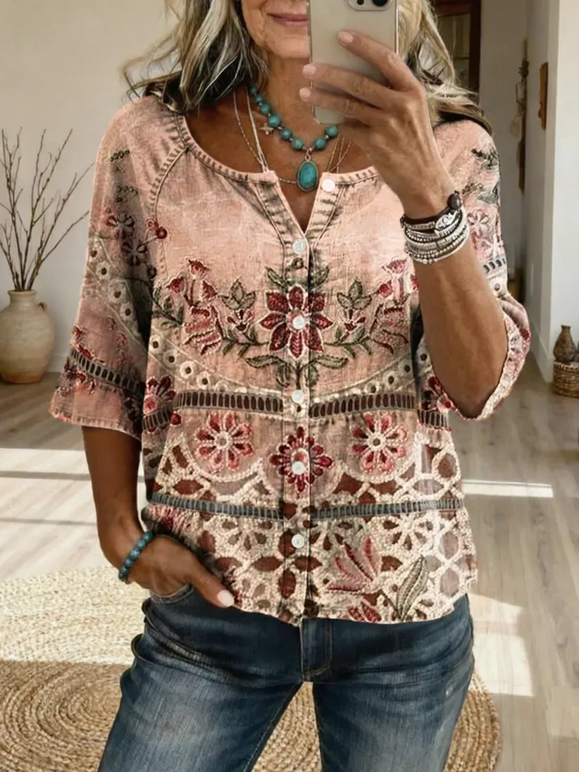 Women's Retro Ethnic Floral Art Print Casual Round Neck Hollow-out Washed Cotton Denim Cardigan Shirt