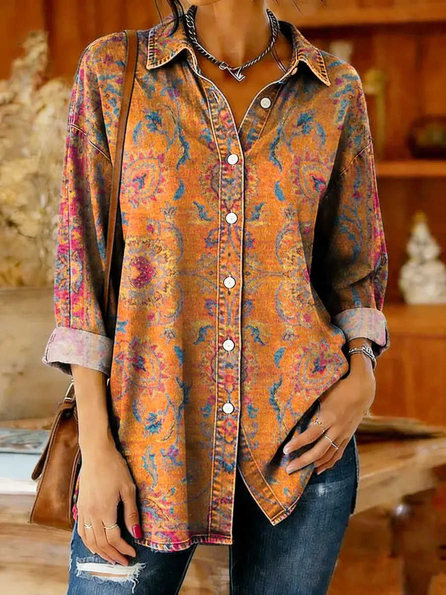 Women's Ethnic Totem Art Print Casual Denim Cotton Shirt