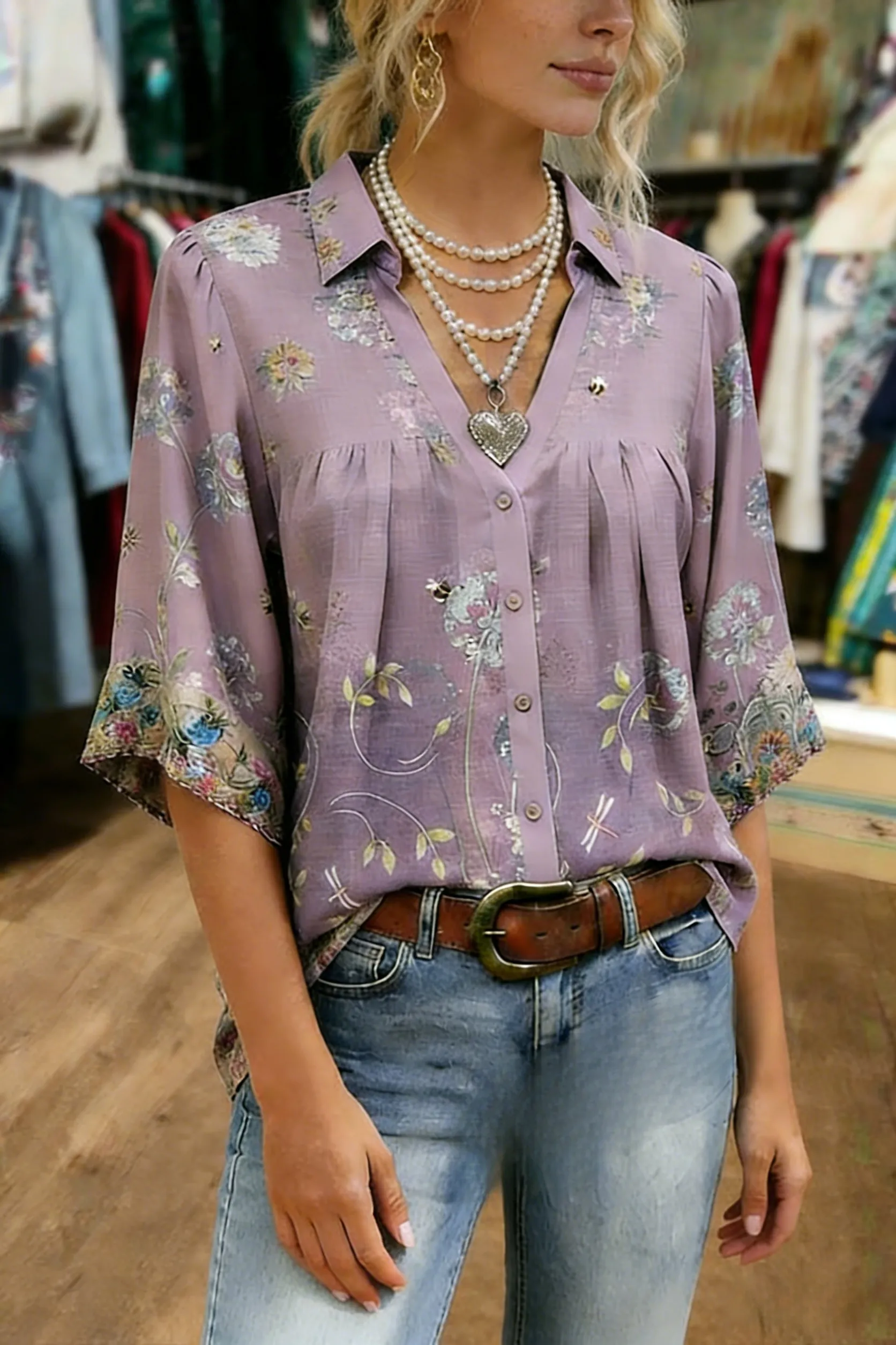 Women's Vintage Flower Patch Casual Loose Denim Blouse Shirt