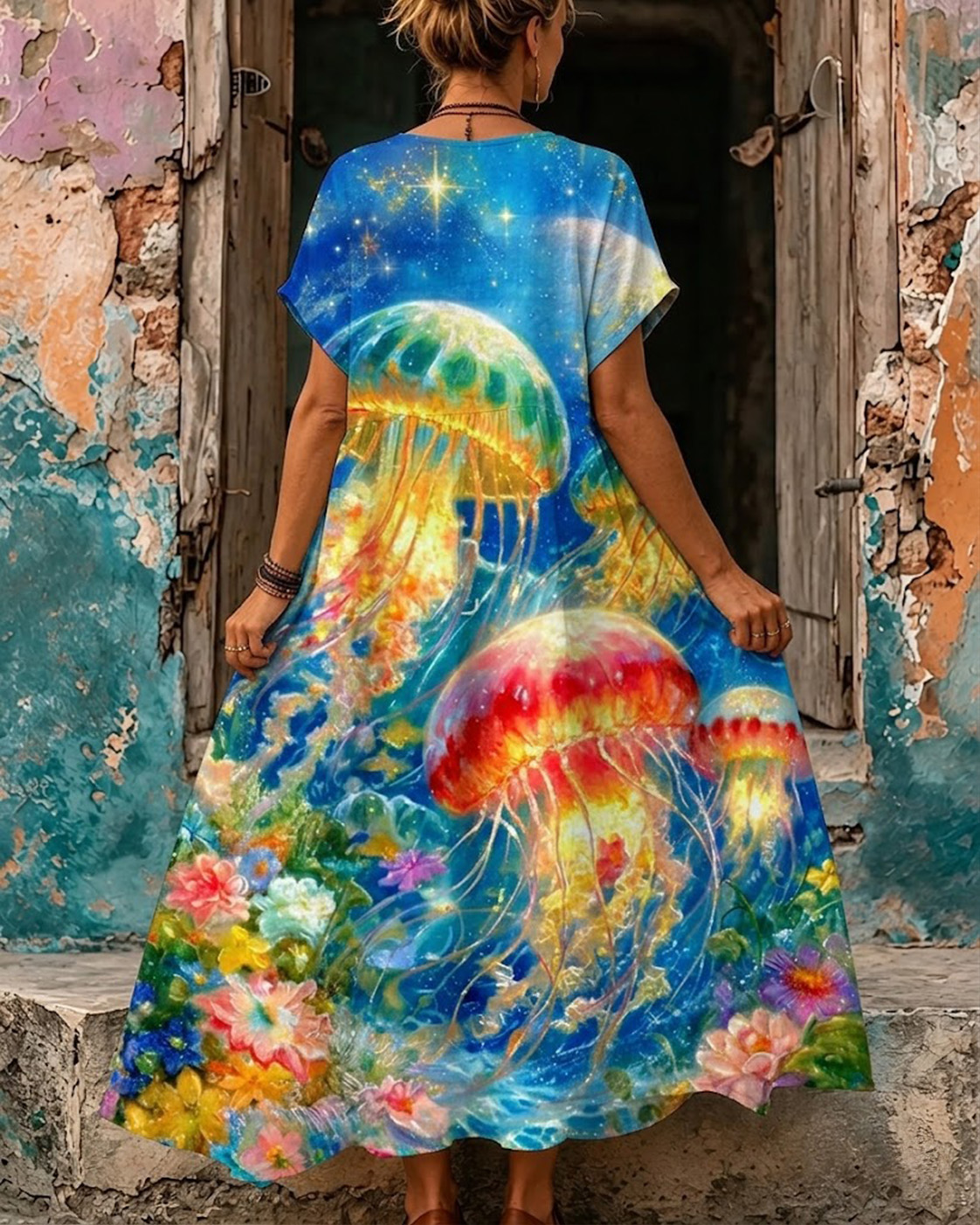 Women's Shining Floral Jellyfish Print V-Neck Short Sleeve Maxi Dress