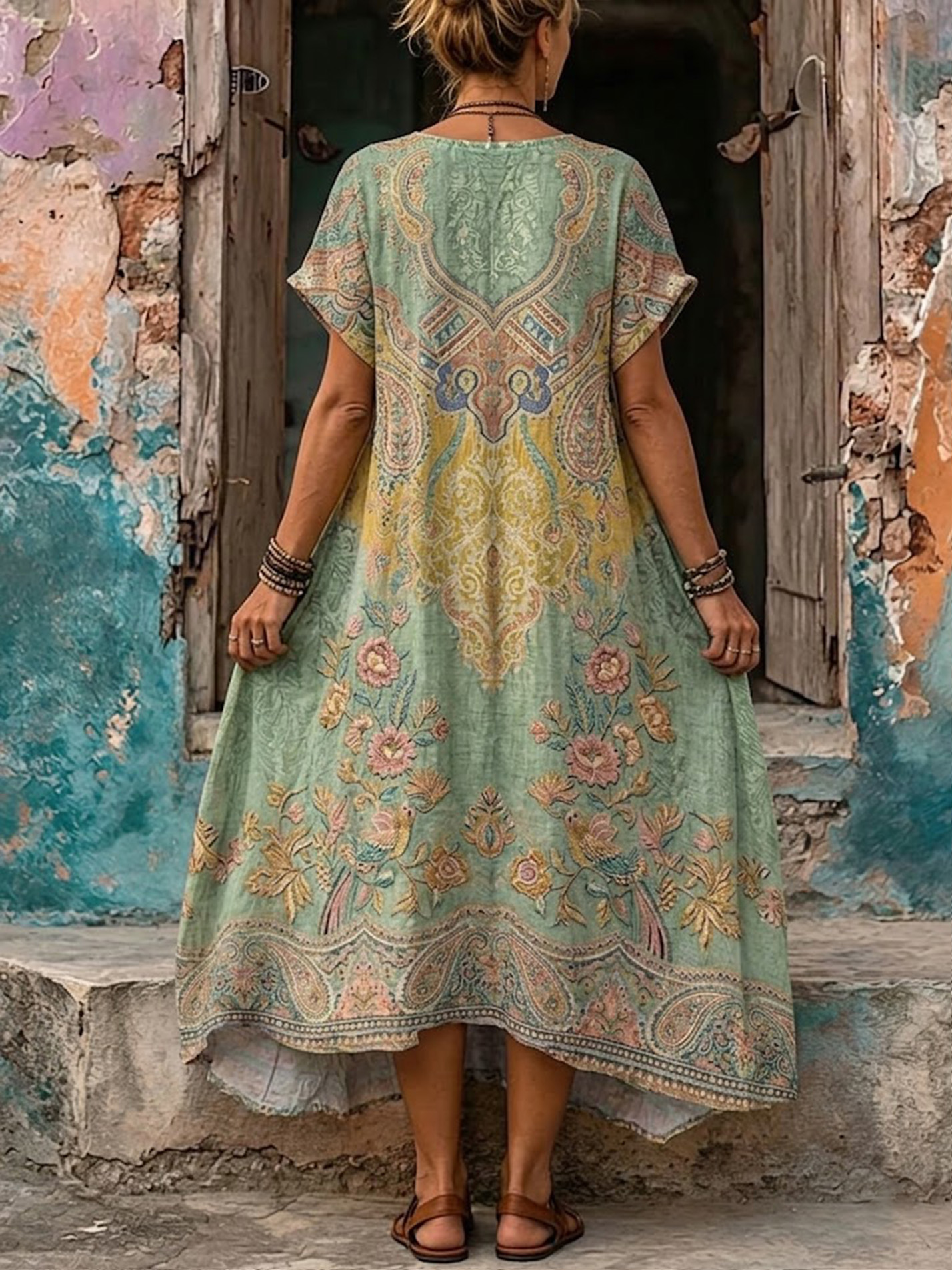 Women's Retro Bohemia Floral Print V-Neck Short Sleeve Maxi Dress
