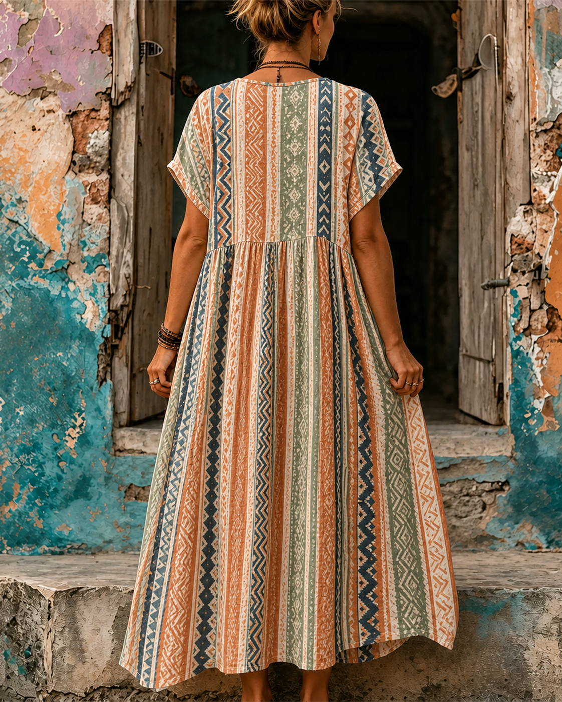 Women's Vacation Linen Retro Boho Floral Print V-Neck Short Sleeve Maxi Dress