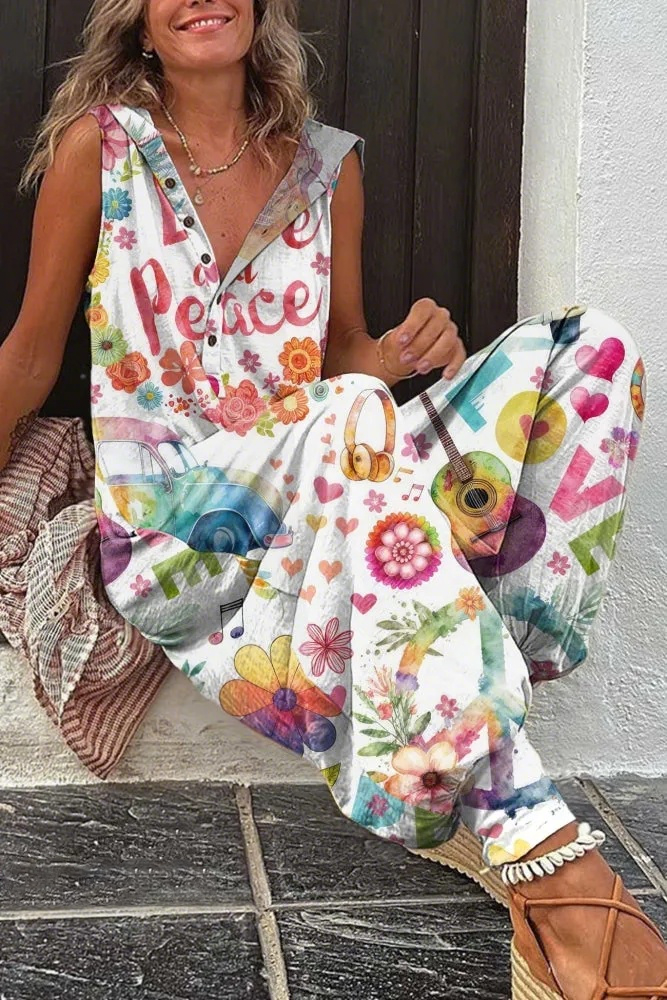 Women's Retro Hippie Printed Single-breasted Sleeveless Hooded Jumpsuit