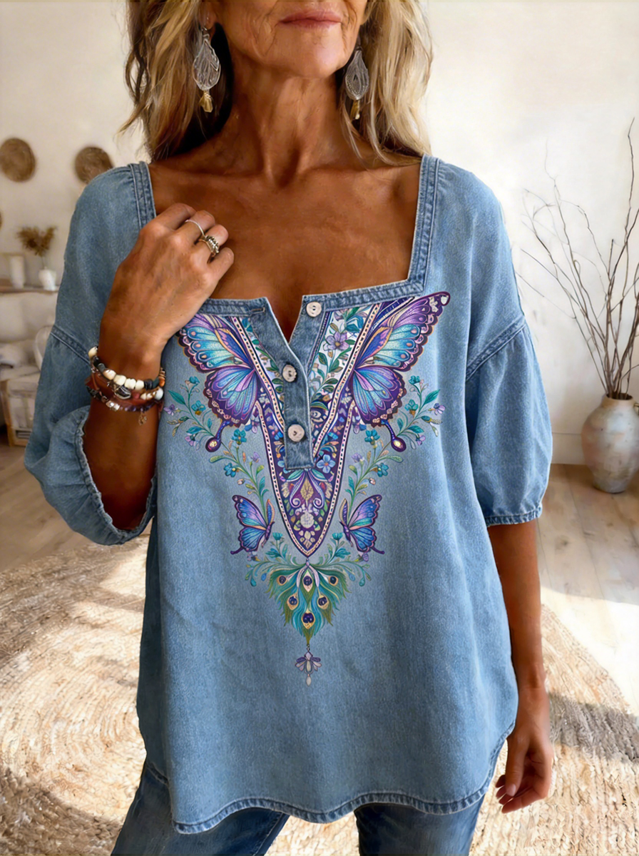 Women's Retro-Style Floral Art Print Casual Square-Neck Top