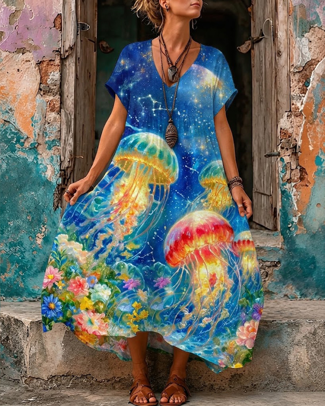 Women's Shining Floral Jellyfish Print V-Neck Short Sleeve Maxi Dress