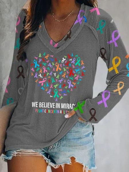 Women's We Believe in Miracles Fight Cancer In All Colors Casual Long Sleeve T-Shirt