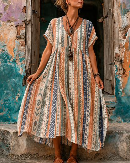 Women's Vacation Linen Retro Boho Floral Print V-Neck Short Sleeve Maxi Dress