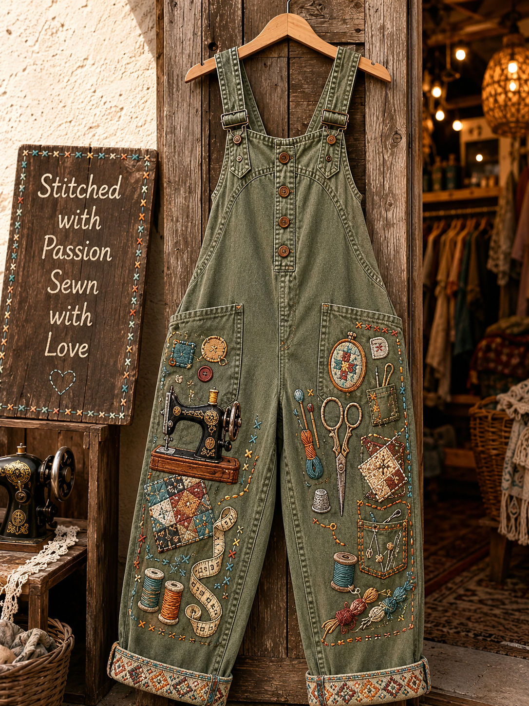 Women's Vintage Tools for Sewing Print Denim Overalls Long Pants
