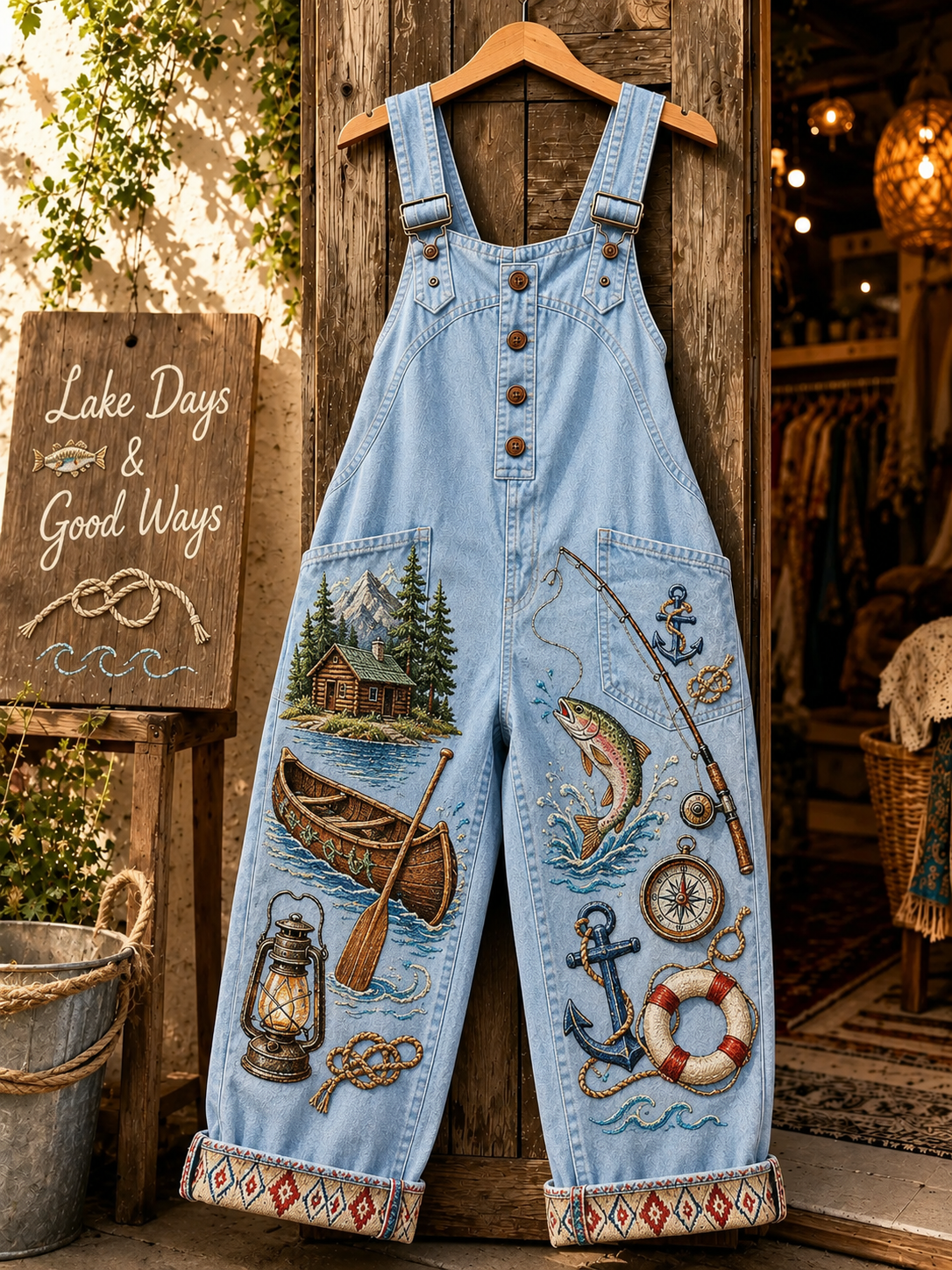 Women's Vintage Print Denim Overalls Long Pants