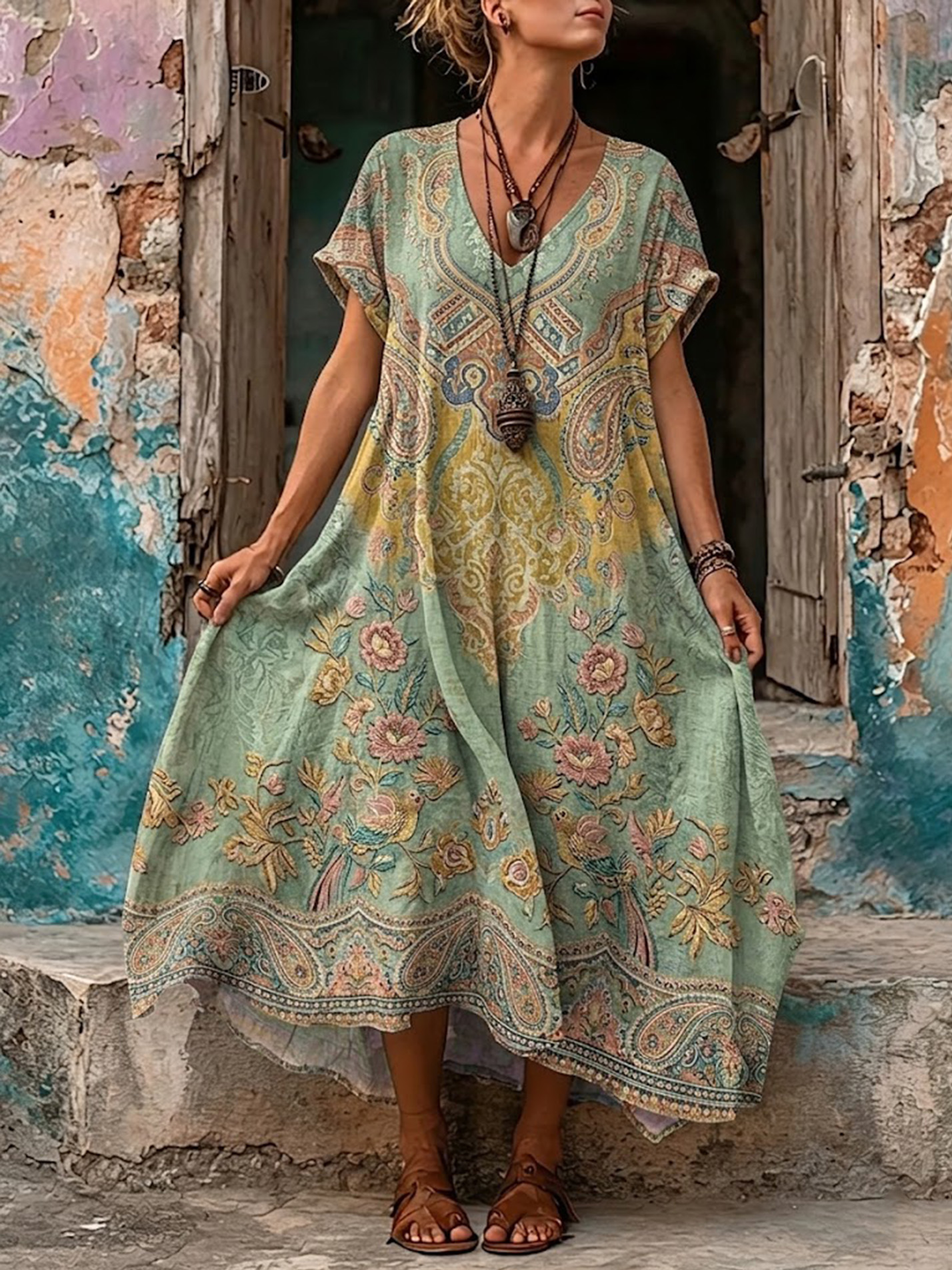 Women's Retro Bohemia Floral Print V-Neck Short Sleeve Maxi Dress