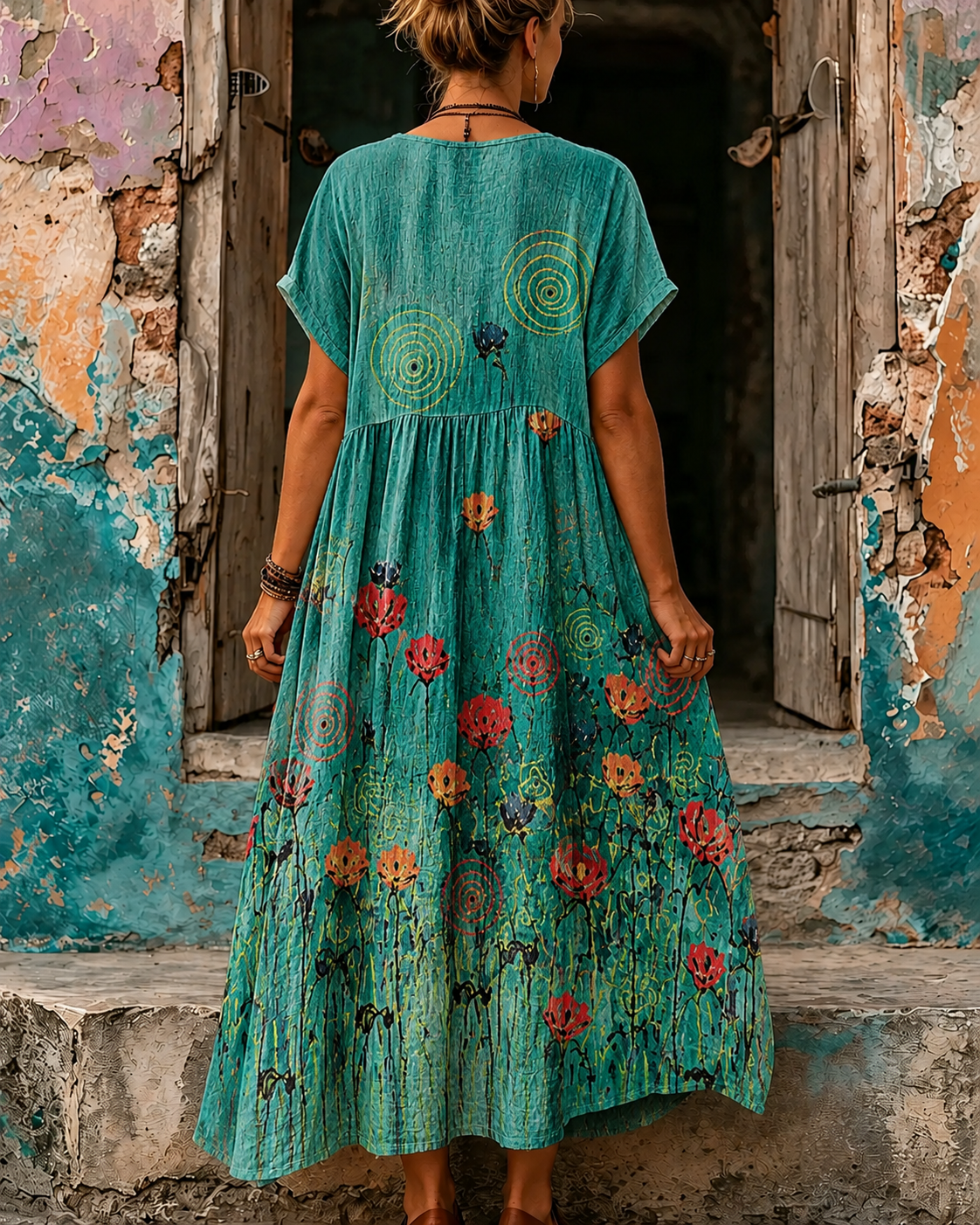 Women's Vacation Linen Boho Floral Print V-Neck Short Sleeve Maxi Dress