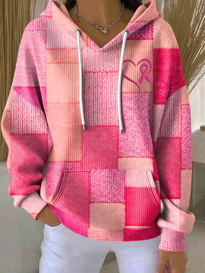 Women's Casual Pink Breast Cancer Pink Contrast Color Block Art Knit H