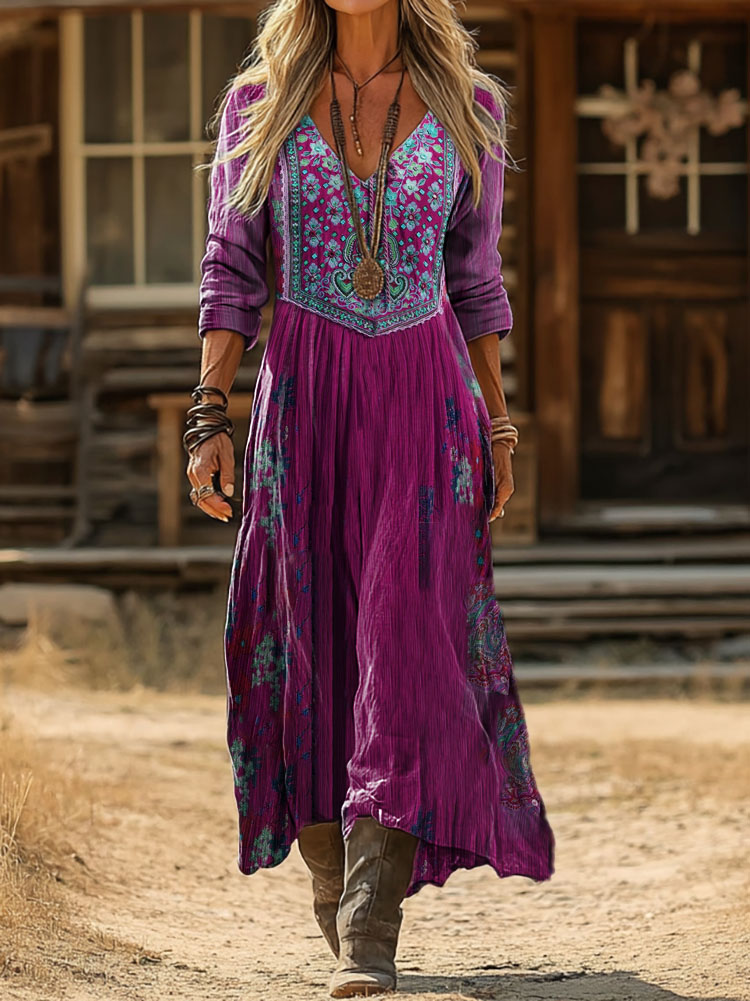 Women's Vintage Ethnic Floral Print Artistic Pocket Cotton Dress