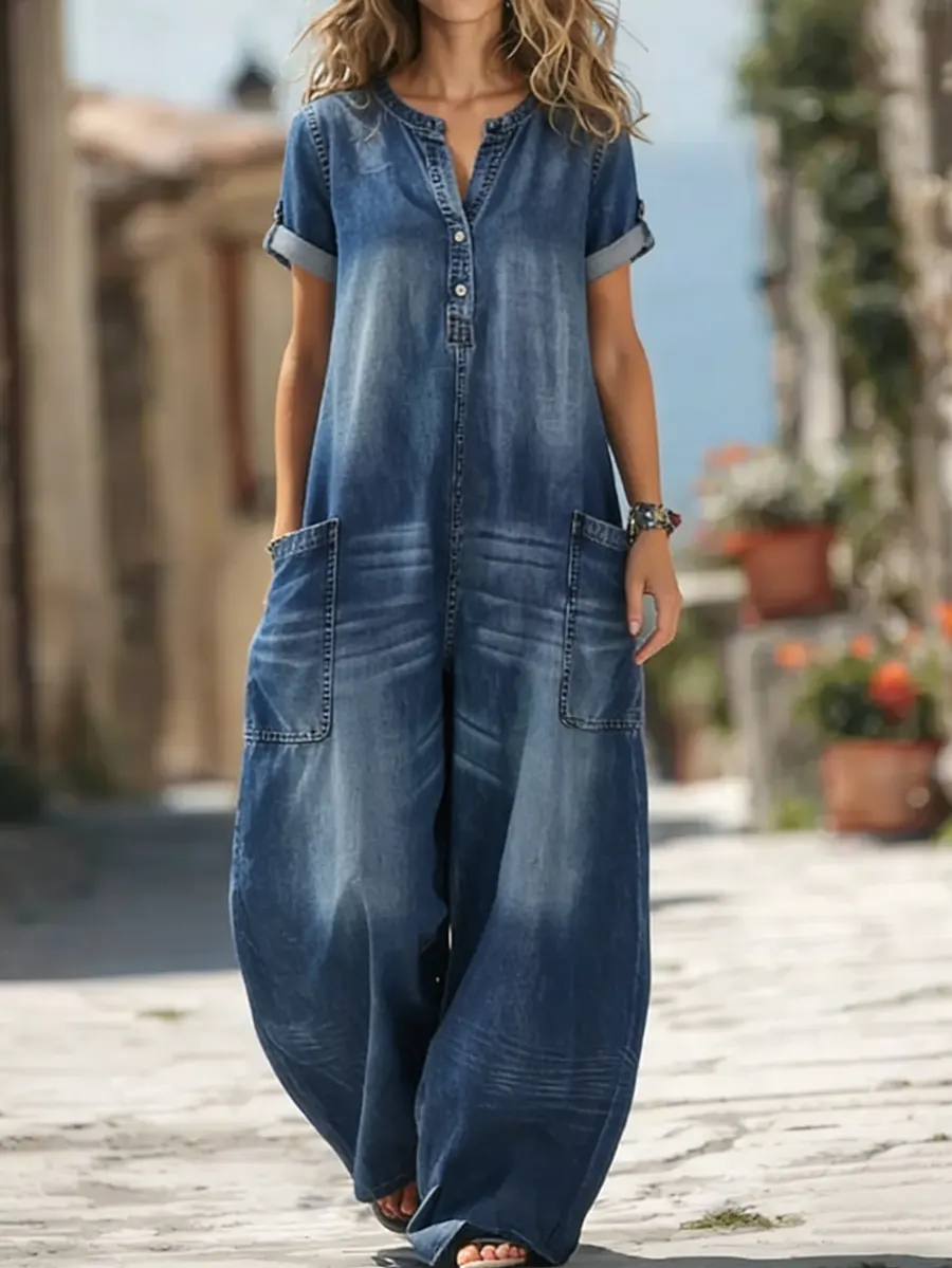 Women's Short-Sleeve Cotton Denim Pocket Jumpsuit