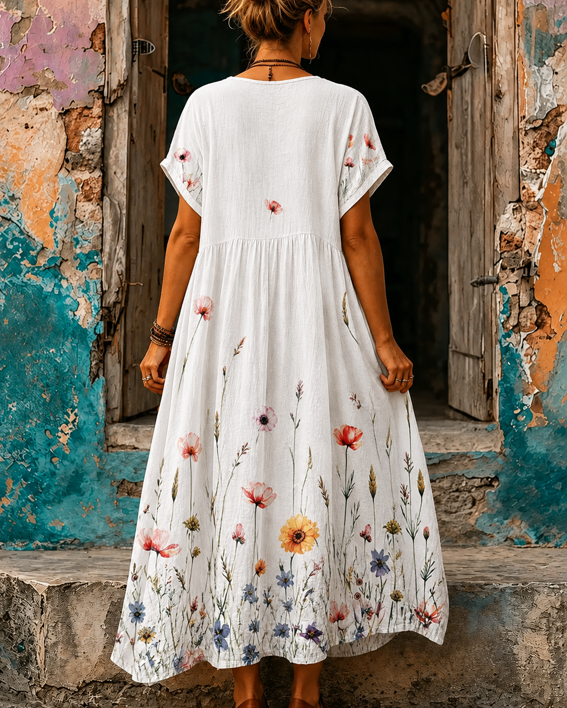 Women's Vacation Linen Boho Floral Print V-Neck Short Sleeve Maxi Dress