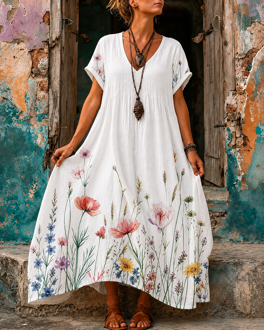 Women's Vacation Linen Boho Floral Print V-Neck Short Sleeve Maxi Dress