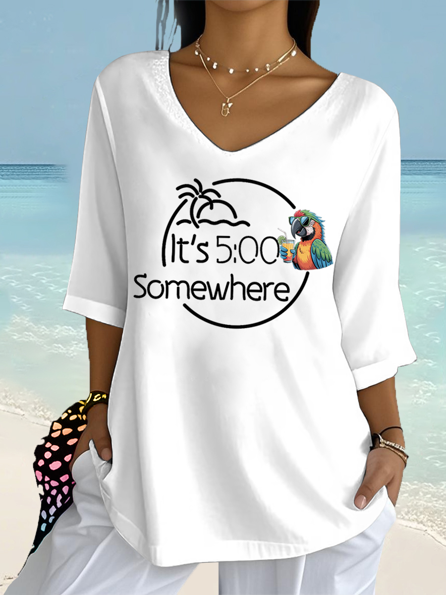 Women's I'm Retired It's 5 O'clock Everywhere Parrot Print Casual Half-Sleeve Top