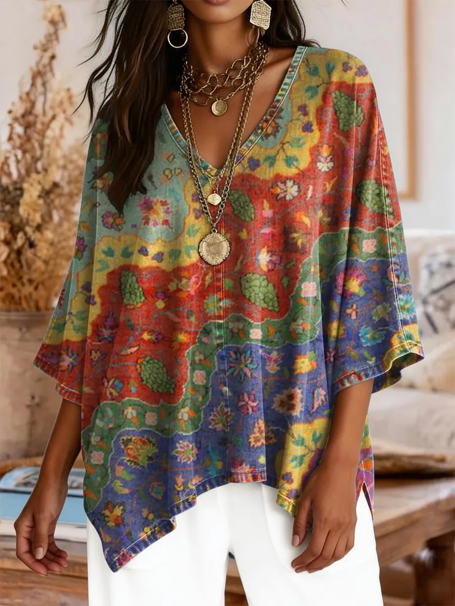 Women's Retro Colorful Floral Wave Art Print Casual V-neck Top