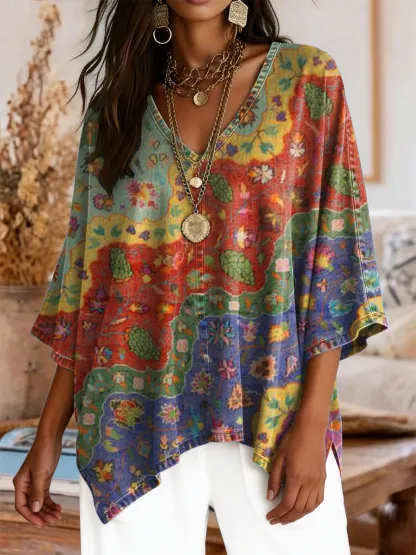 Women's Retro Colorful Floral Wave Art Print Casual V-neck Top