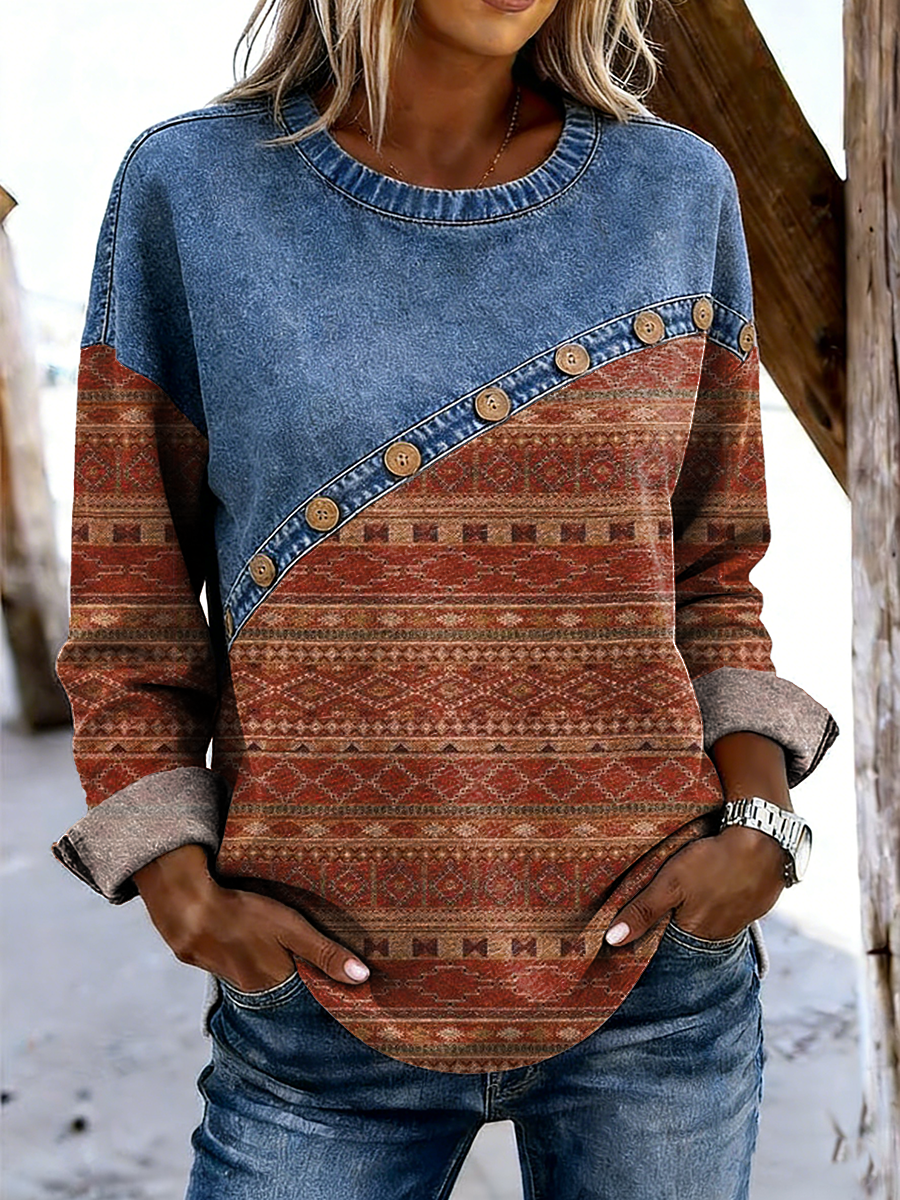 Women's Retro Ethnic Striped Art Print Casual Long-sleeved Round Neck Denim Patchwork Top
