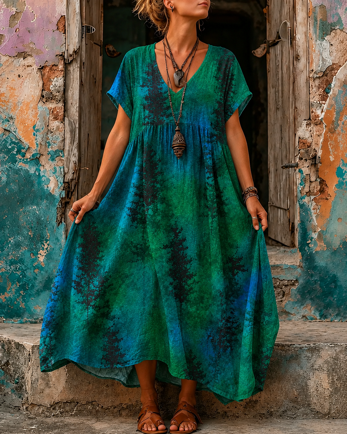 Women's Vacation Linen Boho Floral Print V-Neck Short Sleeve Maxi Dress